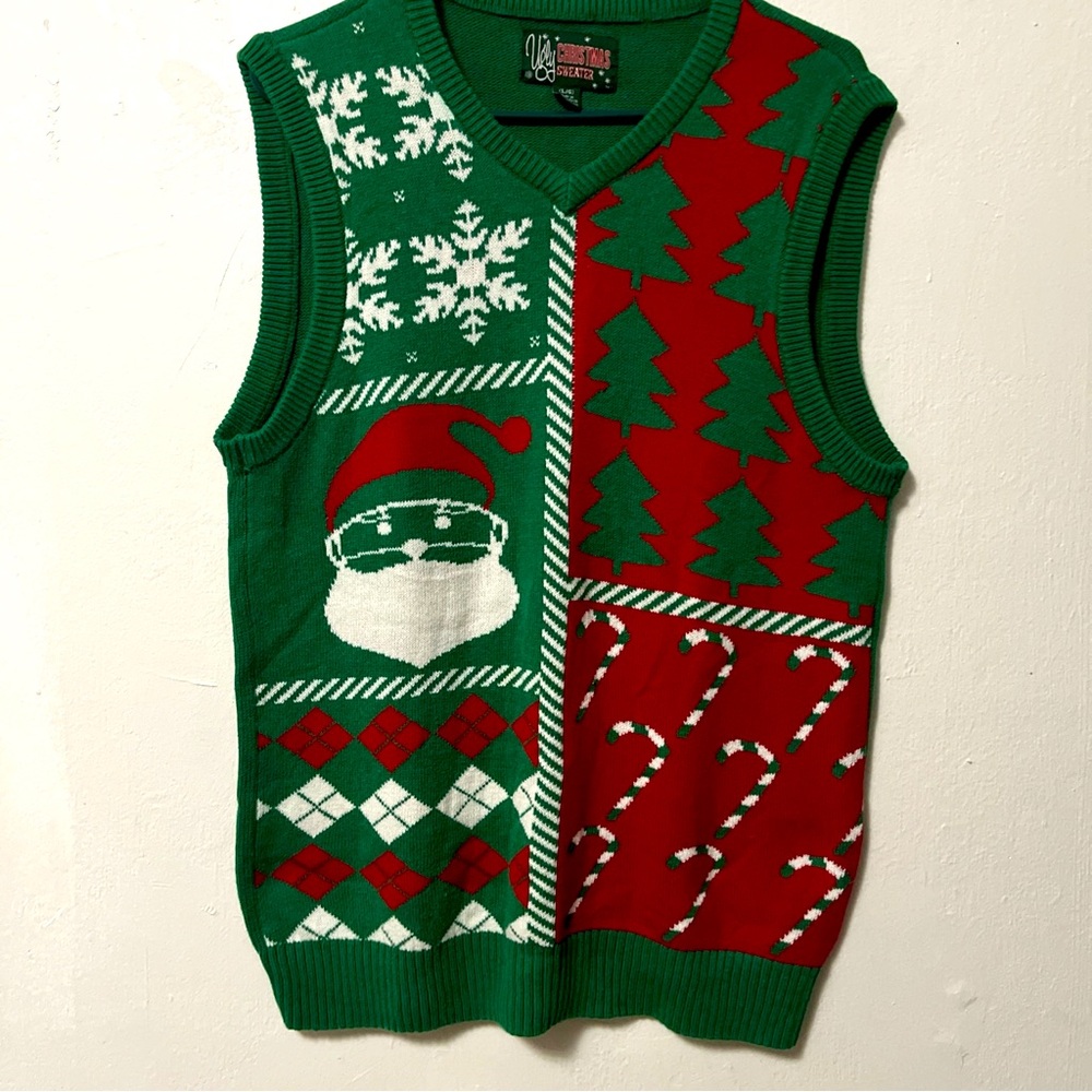 Ugly Christmas knit Sweater Vest Adult Large Green V Neck Santa Candy Cane Trees
